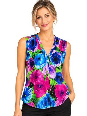 Grace Dane Lewis Multicolor Floral Silk Sleeveless V-Neck Top